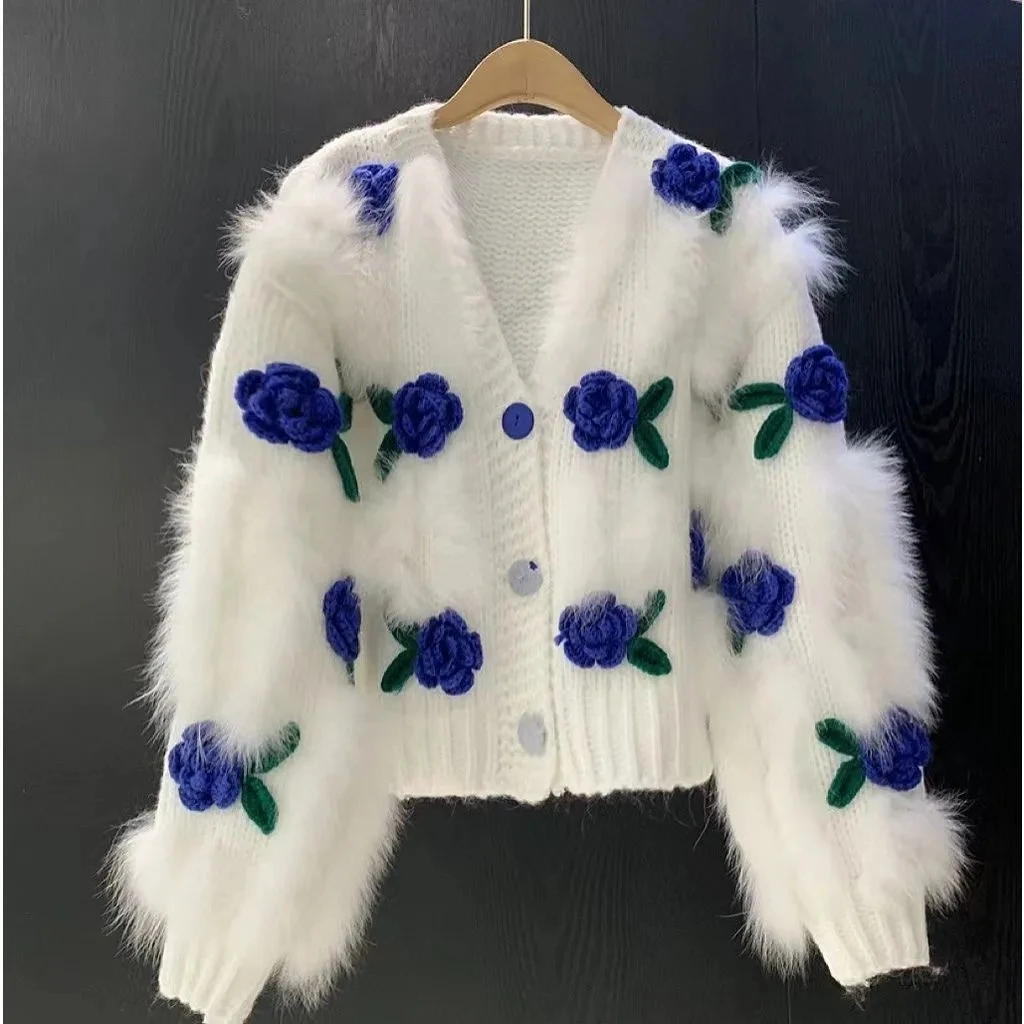 Women Sweaters Fur Knit Cardigan Autumn Winter Streetwear Fashion Single Breasted Flowers Tassel Cropped Cashmere Knitwear Coat