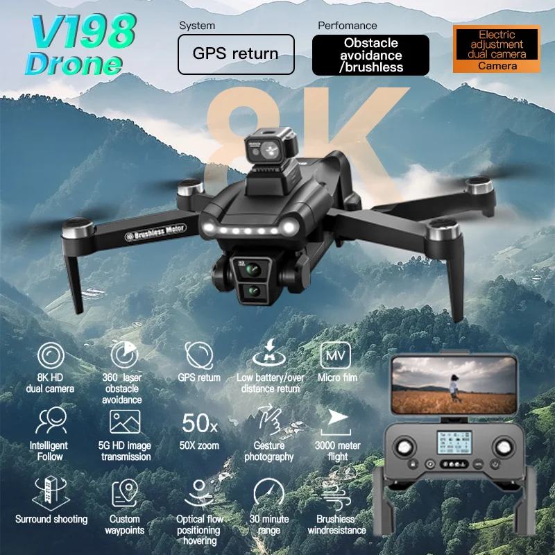 V198GPS Drone ESC 8K Professional HD Camera Brushless Obstacle Avoidance Aviation Optical Foldable Quadcopter Mini Drone