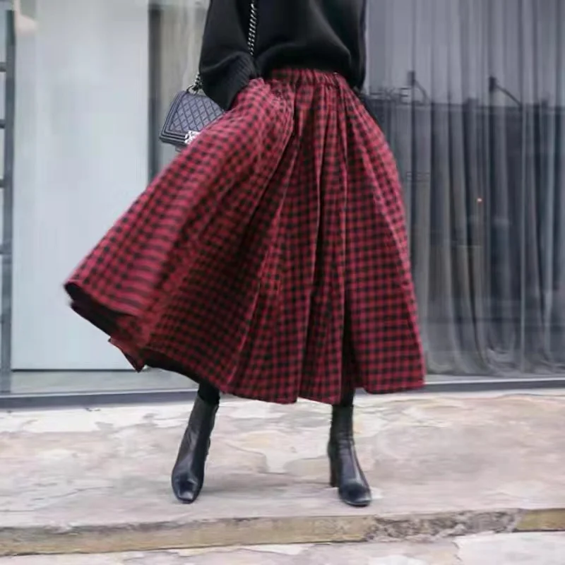 Qiukichonson Plaid Midi Long Skirt Womens Maxi Skirt 2022 Korean Vintage Summer Pockets Deisgn High Waisted Cotton Skirts rok