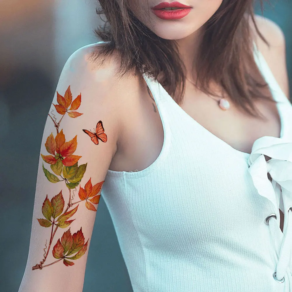 Color Flower Temporary Tattoos for Women Green Leaf Tattoo Stickers For Hand Arm Chest And Body Decor Waterproof Fake Tattoo