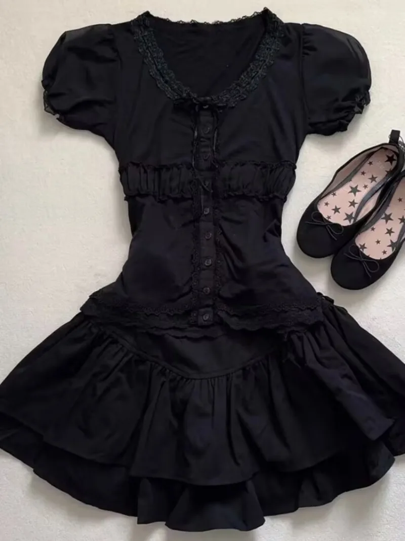 Gothic Vintage Black Lace 2-piece Set Women Lolita Lace Puff Sleeve Y2K Tops Female + High-waist Ruffle Short Kawaii Mini Skirt