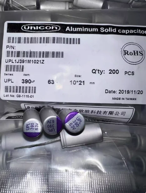 20-ピース-ロットオリジナル日本ユニコン-63v-390uf-upl-10x21mm-125-度アルミ固体電解コンデンサ送料無料