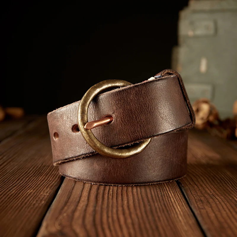 Handmade Vintage Full Grain Cowhide Pants Belt Men Retro Genuine Leather Copper Pin Buckle Casual Jeans Waist Strap Accessories