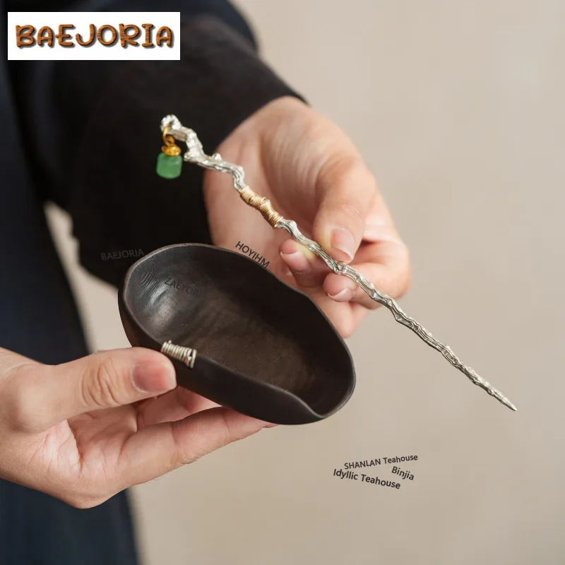 BAEJORIA Vintage Ebony Wood Tea Scoop Handmade Tea Presentation Vessel Shovel Chahe Appreciation Ladle Drinkware Ornaments