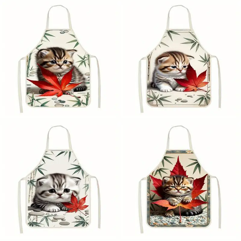 

Cute Kitten Pattern Apron Linen Apron, Suitable For Kitchen Cooking, Parent-Child Interaction, Painting And Other Scenarios