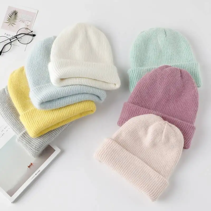 Winter Hats For Women Beanie Hat Rabbit Fur Woman Cap Winter Beanies For Ladies Knitted Hat Cashmere Autumn Solid Bonnet 2024