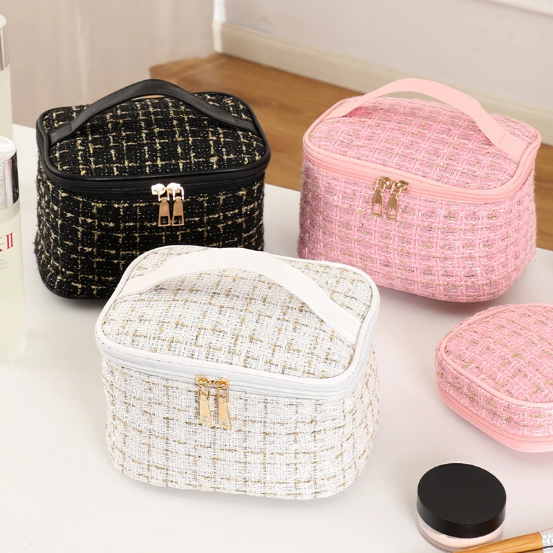 New Korean plaid portable small fragrance makeup bag Large capacity portable toiletry storage bag makeup box travel