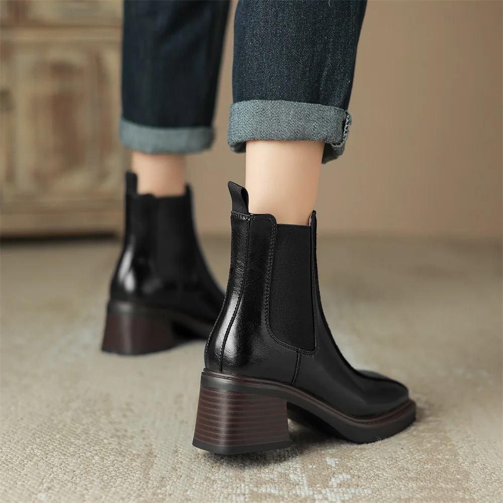 Taoffen Gradient Color Chelsea Boots Cow Leather Square Toe Fashion Slip On Thick Sole Block Heel Ladies Square Toe Ankle Boots