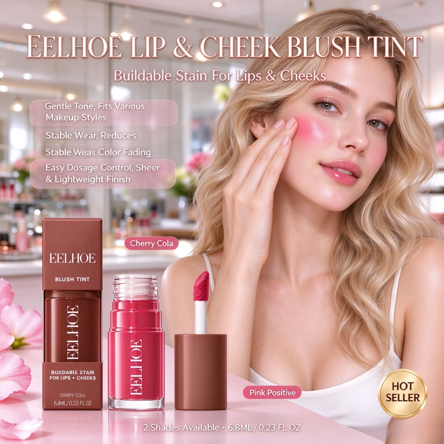 EELHOE Lip And Cheek Tint Multi-use Blush Tint Stain Sheer Tone Easy Blend Less Fade Applicator Transparent Light Finish Blush