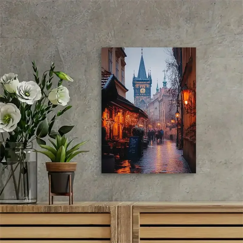 [2D Flat] 1pc Old Prague Cityscape Canvas Painting - Vintage Czech Republic Wall Art with Recycled No Frame, Textured Surface view 4