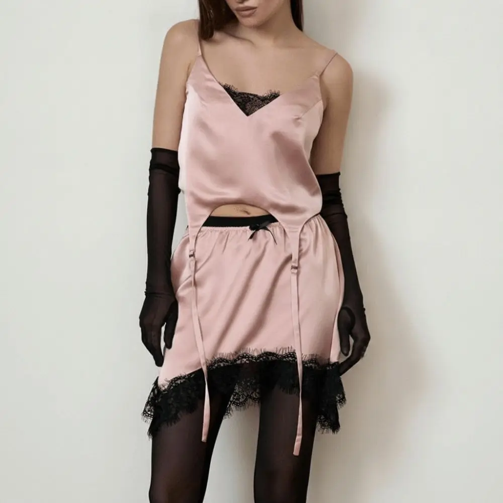 Polyester Women Slip Dress Lace Trim Spaghetti Strap Lace Trim Dress Drawstring Hem Satin Spaghetti Strap Dress For Women