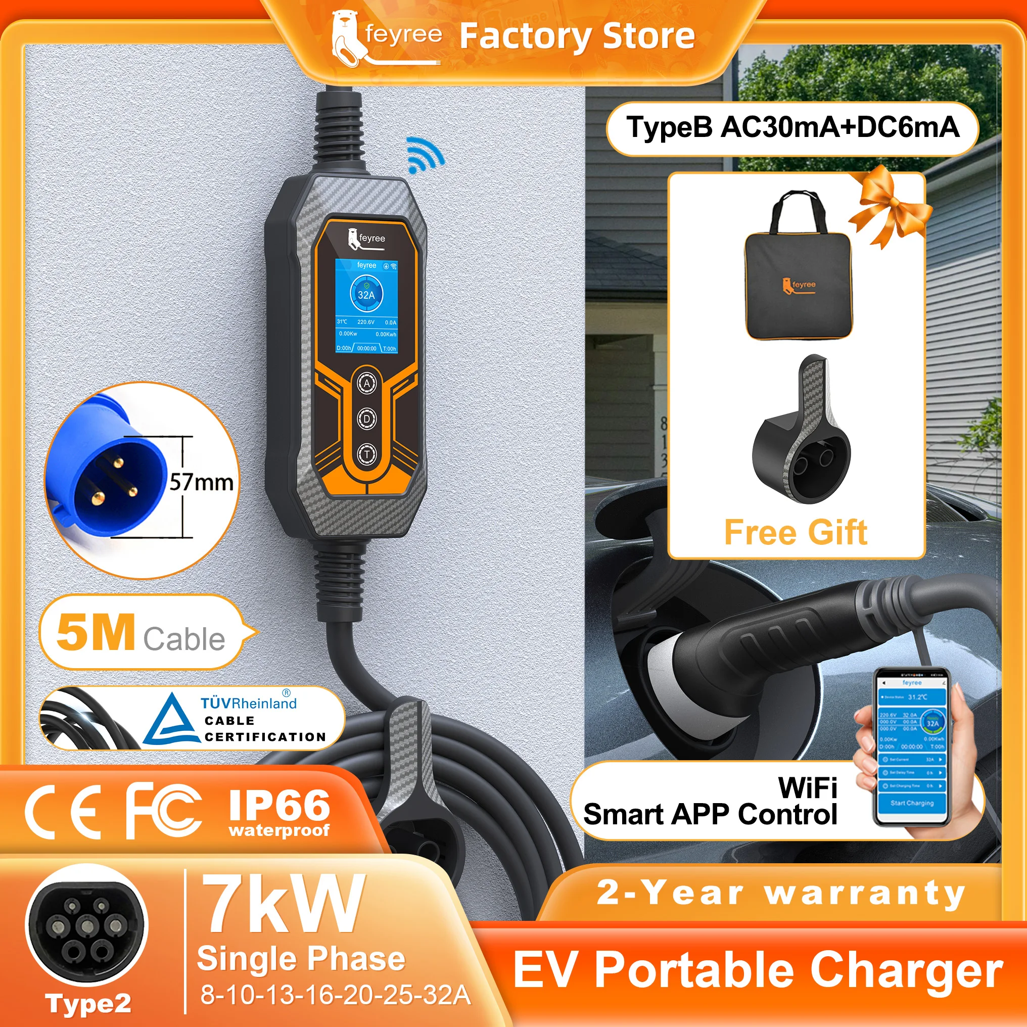 feyree Portable EV Charger Type2 32A 7KW EVSE Wi-Fi APP Control Adjustable Current Smart Timing Charging for Home & Outdoor Use