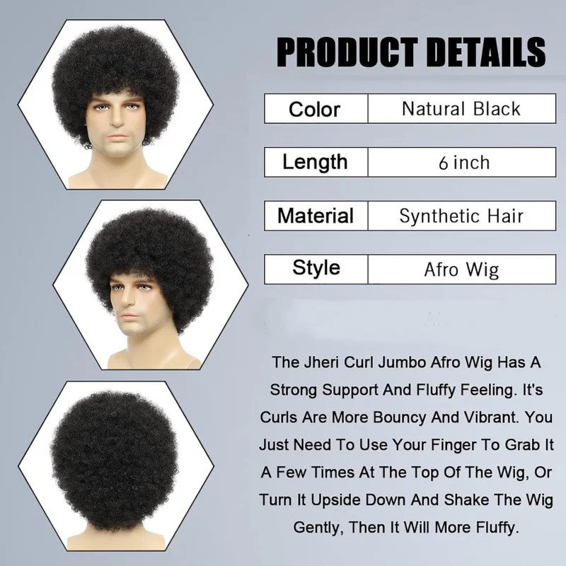 Afro Wig Men，70's Costumes for Men Heat Resistant Synthetic Disco Wig（Black,6 inch）