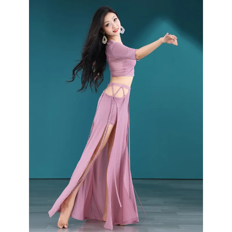 Nowy wiosenny damski kostium taneczny na brzuch 2-częściowy zestaw orientalny pokaz spektakl taneczny kostium srebrna lśniąca spódnica