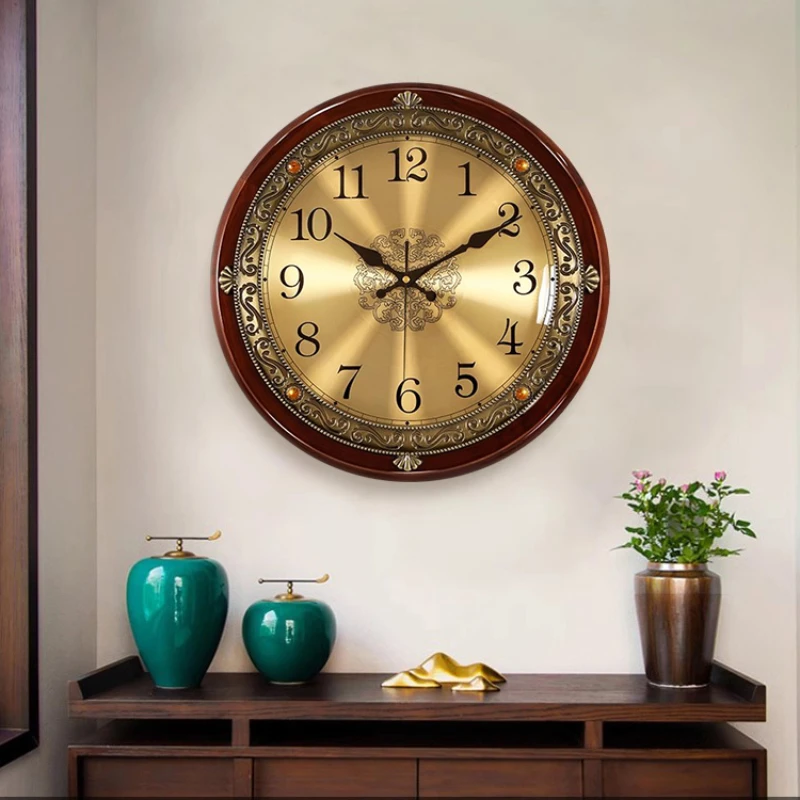 New Chinese Clock Living Room Wall Clock Household Round Solid Wood Wall Hanging Retro Decorative Wall Clock