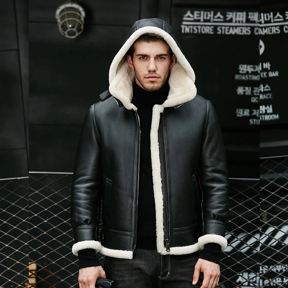 

Winter Genuine Mens Leather Jacket Real Fur Coat Men Sheep Shearling Natural Fur Sheepskin Coats Hooded Plus Size Aviator Jacket