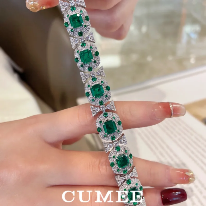 CUMEE Classic Full Diamond Luxury Cultivated Synthetic Emerald Bracelet. Women Fine Jewelry 925 Silver Gold-plated