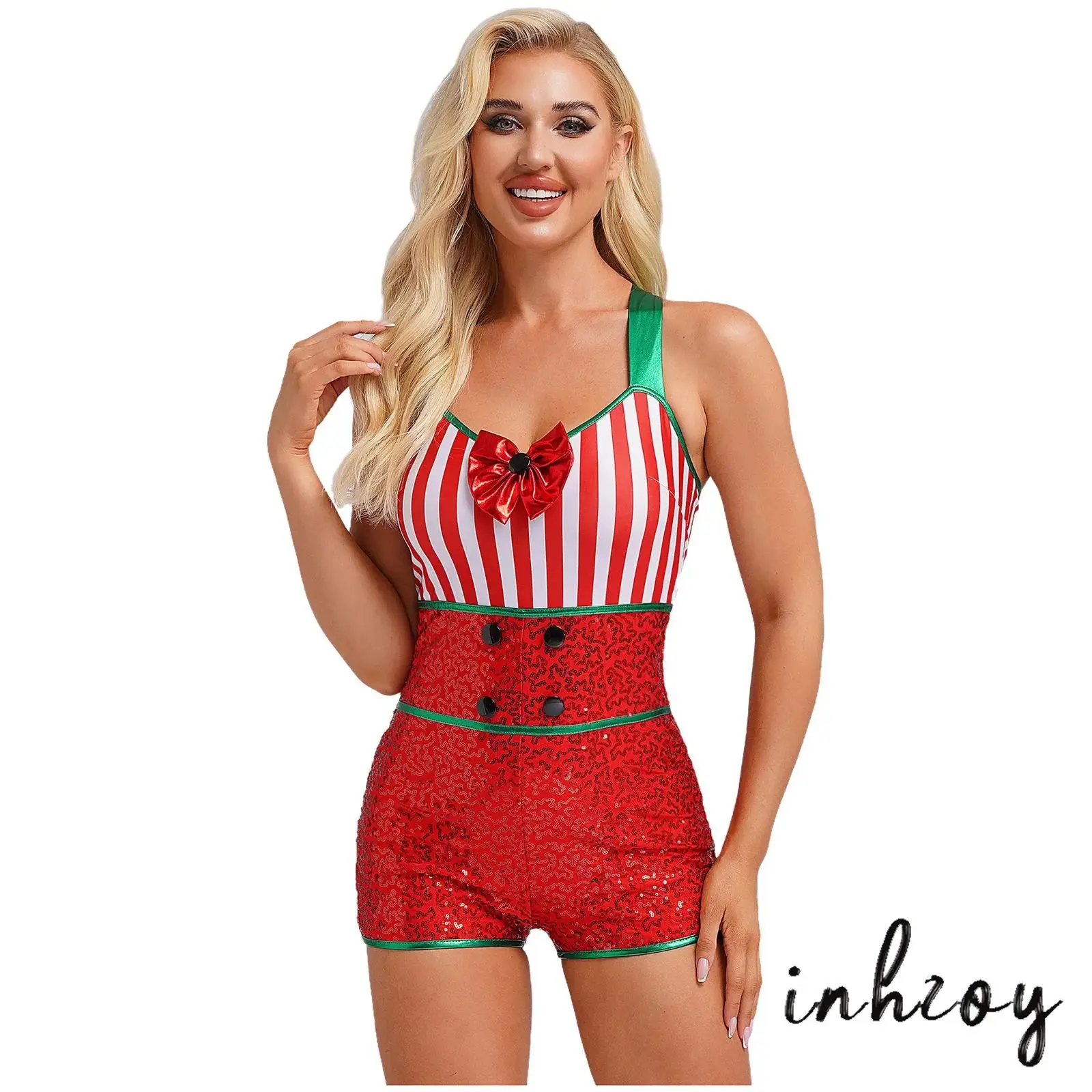 Body camisola de Navidad para mujer, mono con tirantes cruzados, rayas, lazo, lentejuelas, mono de baile de bastón de caramelo de Navidad, disfraz de fiesta de Navidad