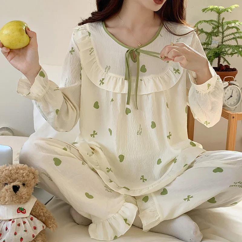 Long Sleeve Pants Two-piece Set Pajamas for Women Sweet Princess Style Home Wear Cloud Cotton Clothes Suitable for Confidantes