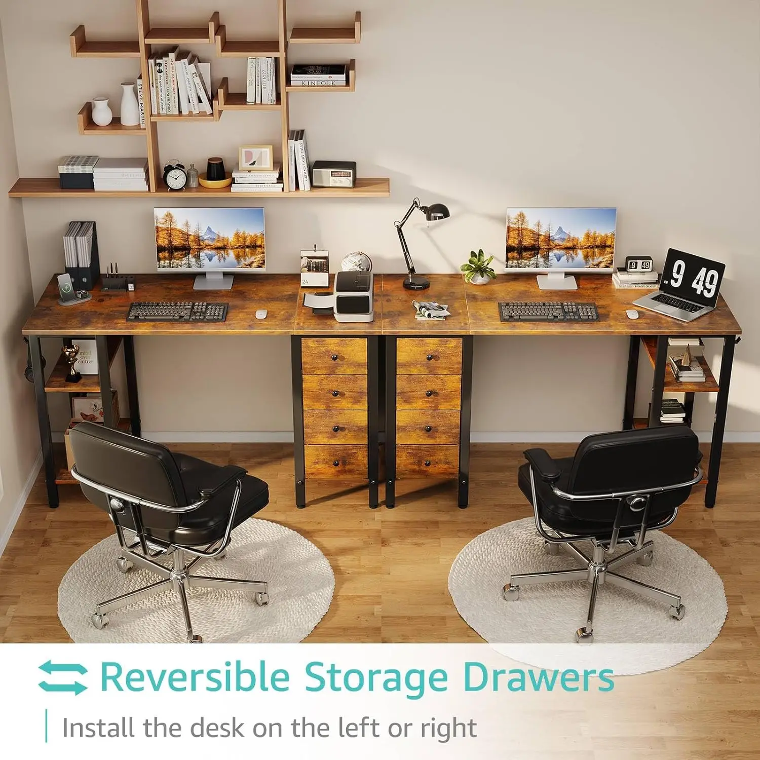 مكتب 47 بوصة مع 4 أدراج ورفوف، مكتب كمبيوتر حديث للطلاب، بني ريفي