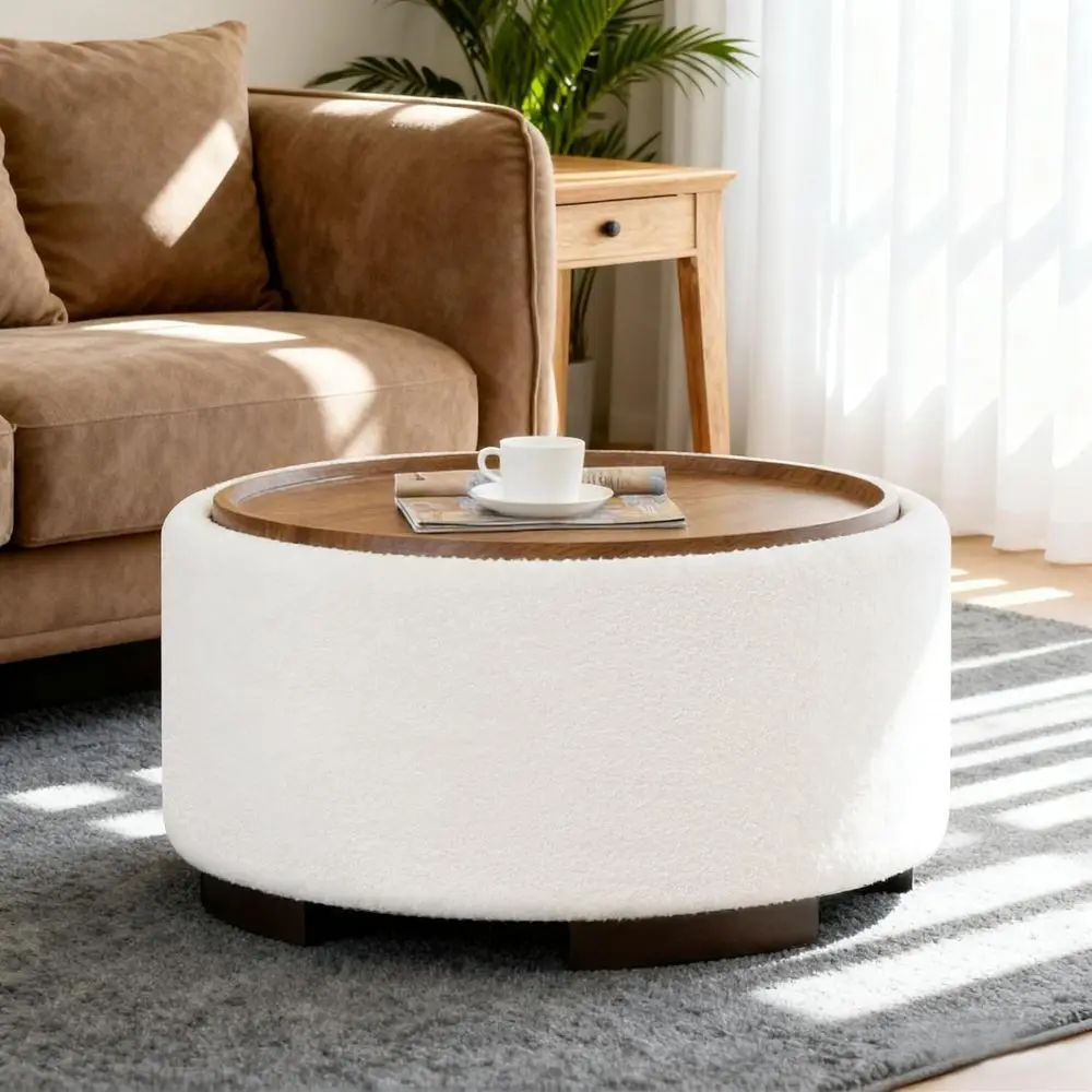 

29.5 Inch Round Storage Ottoman Coffee Table with Removable Lid Top and Solid Wood Legs, Ideal for Living Room and Bedroom in Be