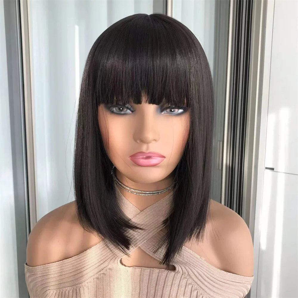 Fake Scalp Wigs Straight Bob Synthetic Wig with Bangs 150% Side Part Wear Go Glueless Synthetic Bob Wigs for Women