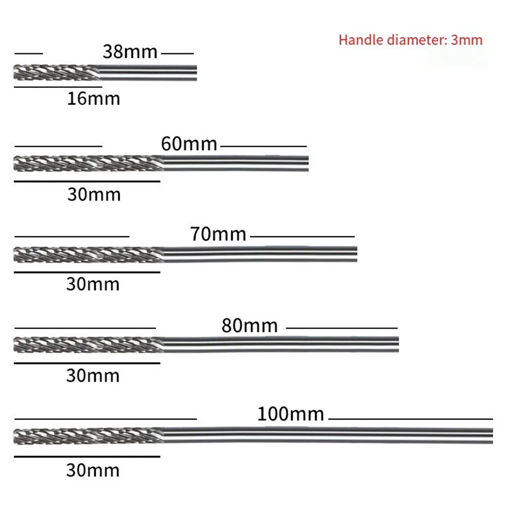 3mm 1/8 Long Shank Drawing Carbide Burs For Dremel Tool Milling Cutter Burr Diamond-Cut Rotary 38mm To 100mm Length Metal-Wood