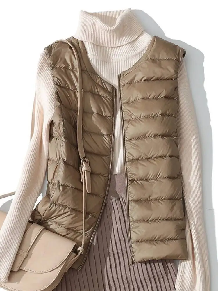 

Женский легкий пуховый жилет Jakcet, осенне-зимний белый пуховик без рукавов с круглым вырезом, тонкий жилет, женская теплая верхняя одежда