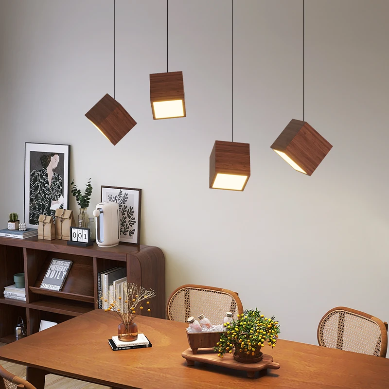 Creative Wood Cube Hanging Light Long Bar Counter Dining Room Lamp Bedroom Bedside Home Decor Nordic Small Cube Pendant Lights