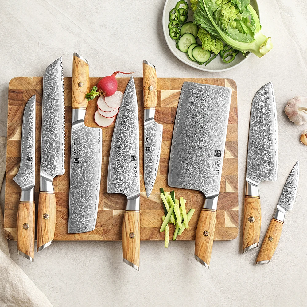 XINZUO 8 Piece Set Custom Damascus Steel High Carbon Bread Boning Santoku Chef Steak Knife Tool with Olive Wood Handle