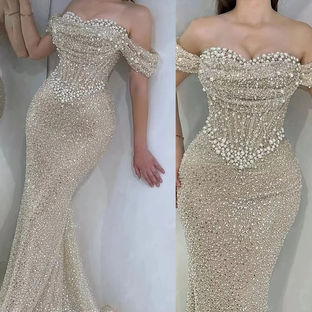 

Роскошные 3D кружевные жемчужные платья для второго приема с открытыми плечами и блестками, вечерние платья знаменитостей для выпускного вечера по индивидуальному заказу