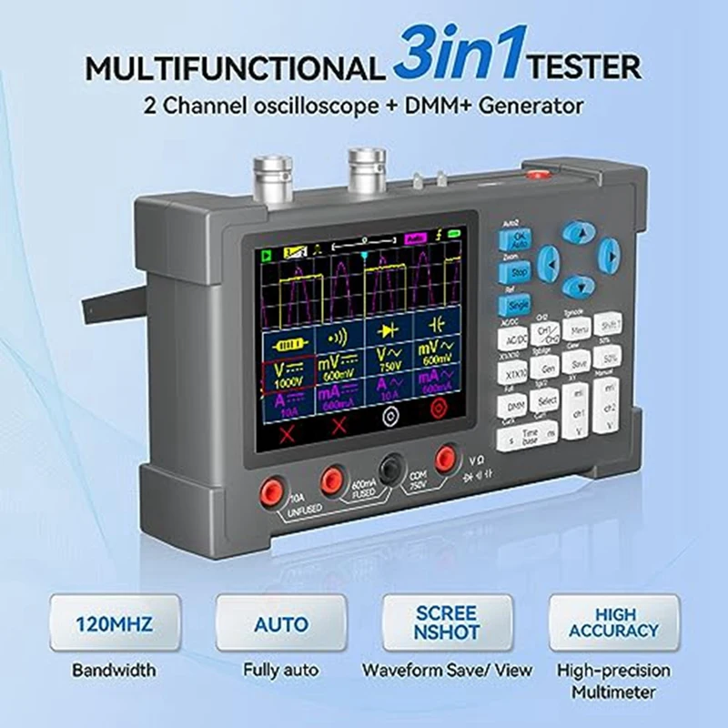 1Set 2-Channel Handheld Oscilloscope 120Mhz Bandwidth 500Msa/S + Digital Multimeter Tester 3-In-1