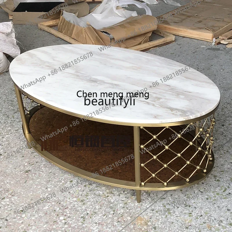 178Marble oval, living room, tea table creative light luxury metal cone foot stainless steel double-layer coffee table2936