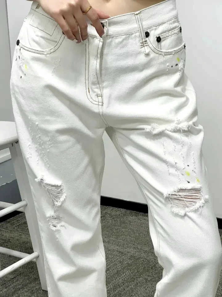 2024SS Spring Summer New Women High Quality Hole White Chic Casual Pants Jeans for Ladies