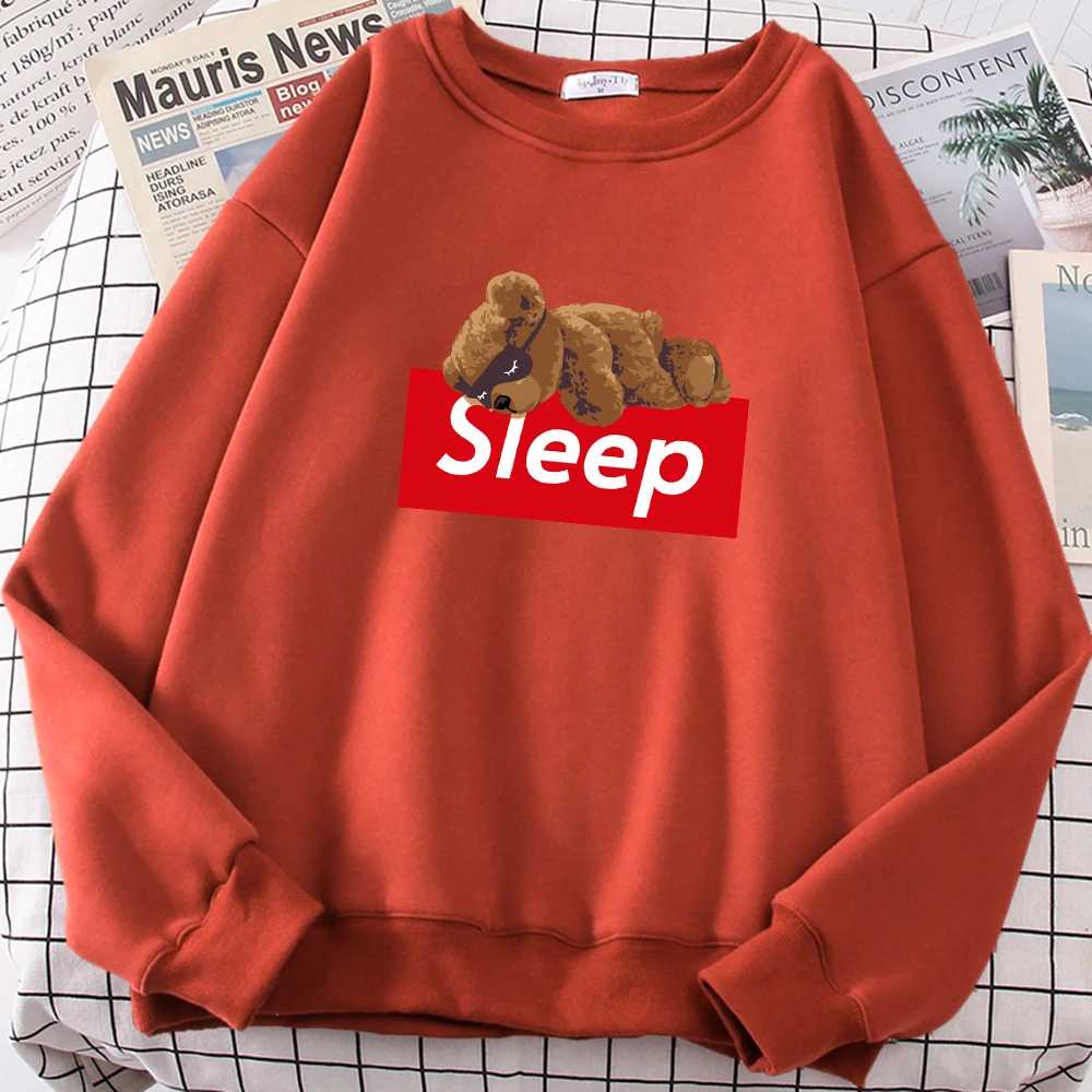 Brown Bear Doll With Sleep Mask Lying On Sleep Print Women Sweatshirt Street Casual Pullovers Hipster Loose Clothes Fleece Tops