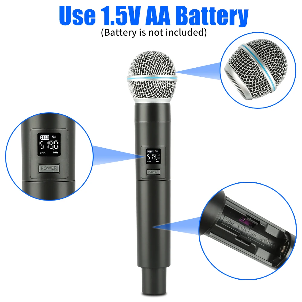 ميكروفون لاسلكي UHF المهنية ميكروفون ديناميكي ثنائي القناة لخطاب الزفاف الكنيسة تظهر حفلة المنزل Karaok ، UX-200