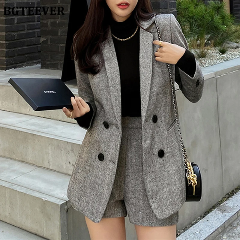 BGTEEVER Elegant Slim Female Short Suits Double Breasted Blazer Jackets Ladies Wide Leg Shorts Autumn Winter