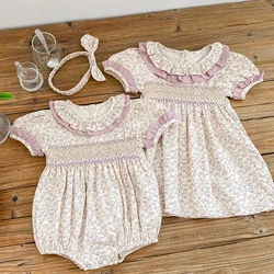 2024 New Summer Kids Princess Dresses Short Sleeved Cotton Print Baby Girl Party Dress Infant Girl Romper Sister Clothing