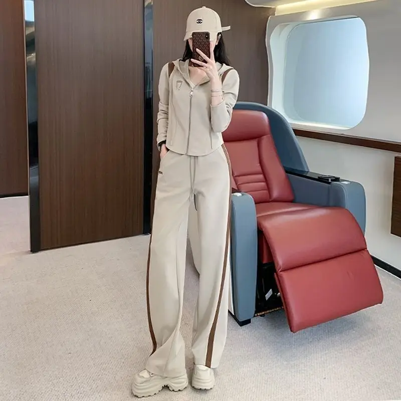 

Новый модный комплект с цветными блоками для женщин, повседневный спортивный костюм, элегантный повседневный кардиган, толстовка, широкие брюки, модный комплект из двух предметов