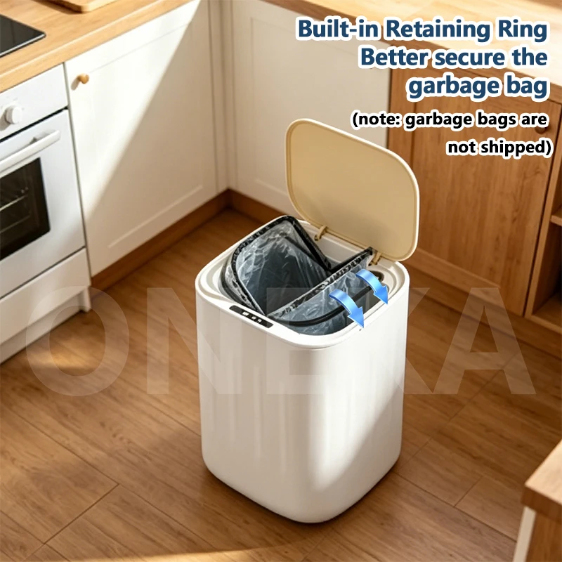 27L household smart sensor trash can, large capacity, compostable bin, with built-in garbage bag holder ring.