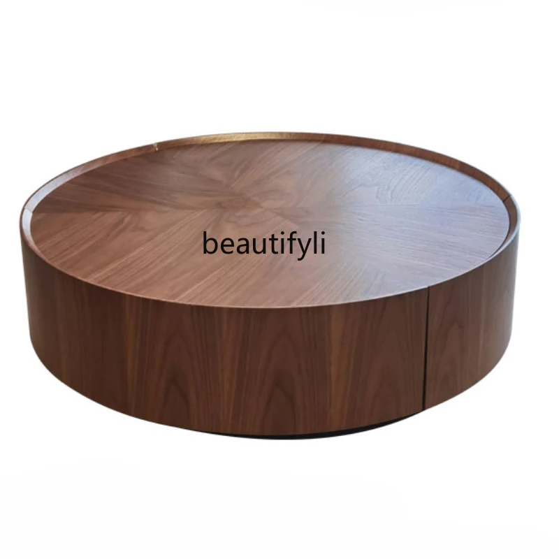 

Italian Minimalist Small Apartment Light Luxury Living Room Walnut Color round Storage Solid Wood Tea Table