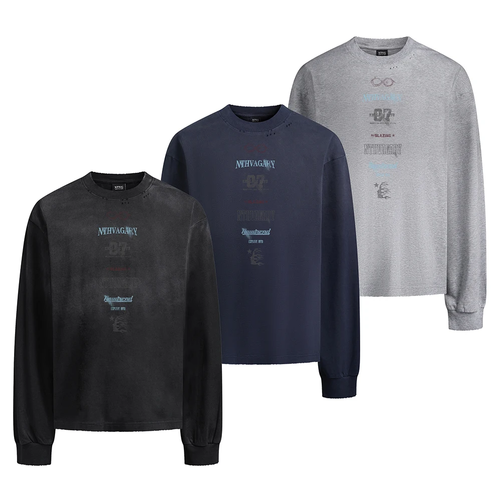 Retro Washed Vintage Print Men's T-shirt Ripped Goth Oversized Y2k Punk Clothing Streetwear Cotton T Shirt Long Sleeve Tops Tee