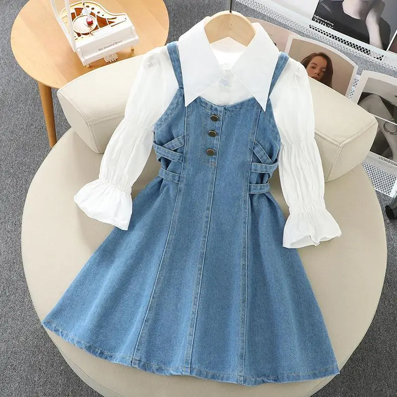 2026 Girls' Denim Dress Spring Overalls Dress Set Stylish Tween Jumper Outfit Fashion Sleeveless Dungaree