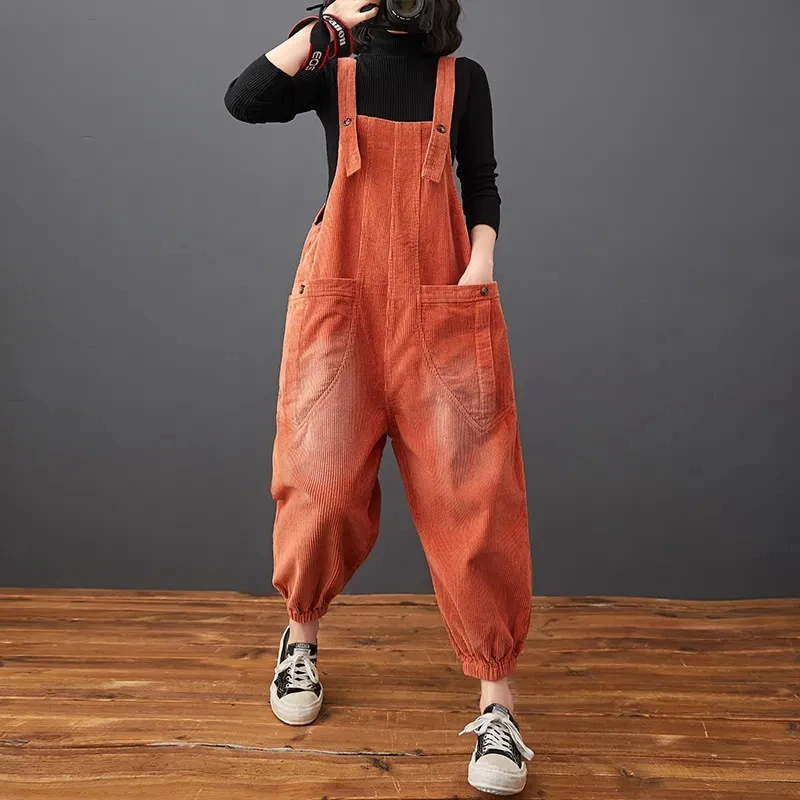 New Fashion Streetwear Dungarees For Women Autumn Winter Corduroy Jumpsuits Loose Plus Size Rompers Pocket Wide Leg Overalls