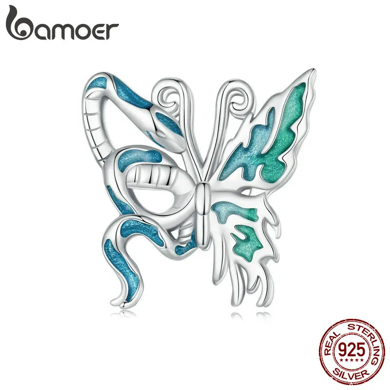 BAMOER 925 Sterling Silver Animal Pendant Beads, Snake and Butterfly Enamel Process Charms Compatible with women's bracelet