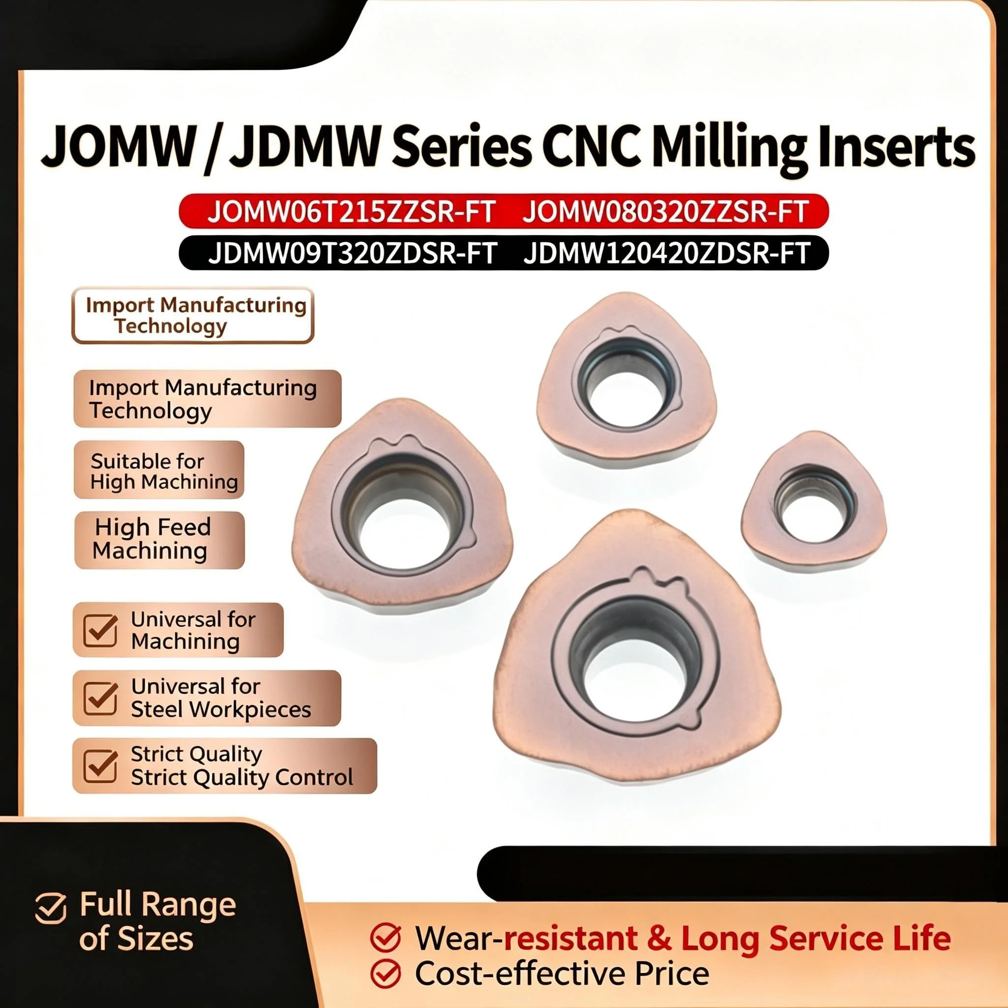 JDMW120420ZDSR/14 JOMW06T215ZZSR/08/09 Series High Feed CNC Milling Carbide Inserts For Steel Machining Wear Resistant