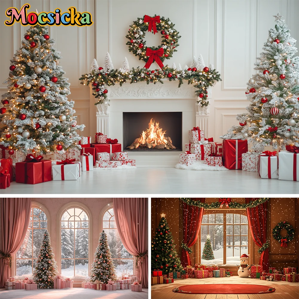 

Christmas Window Photography Backdrop Xmas Tree Fireplace Santa Claus Baby Party Adult Family Background Decor Photo Studio Prop