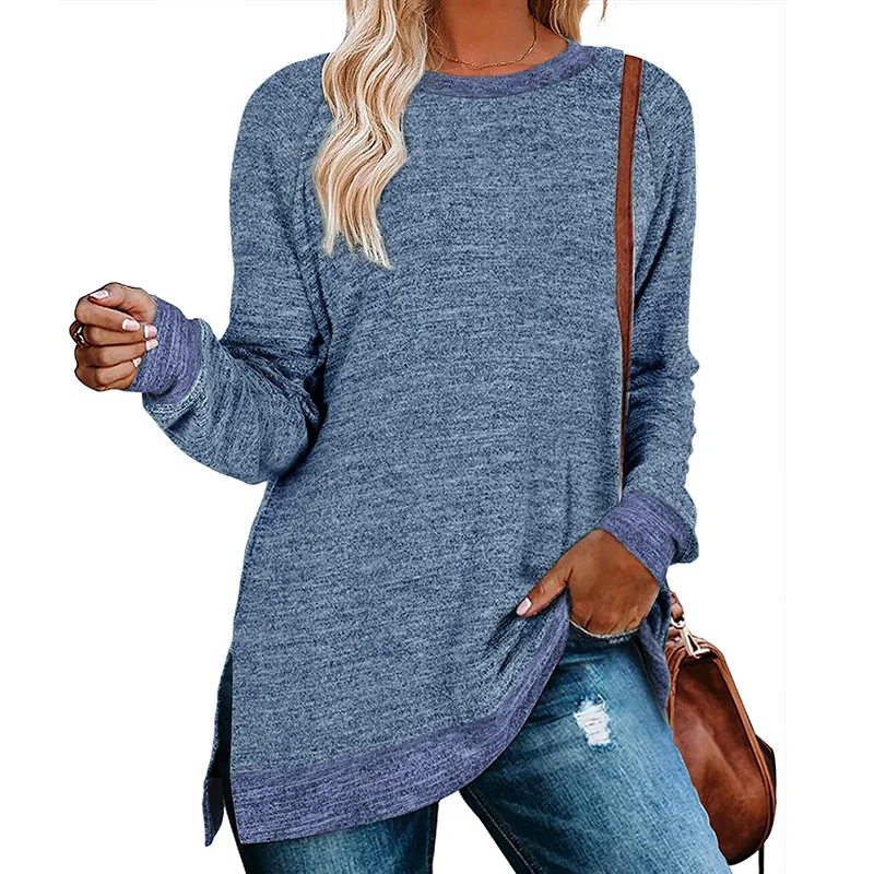 Europe and the United States women's long sleeve round neck color split top loose casual pullover T-shirt