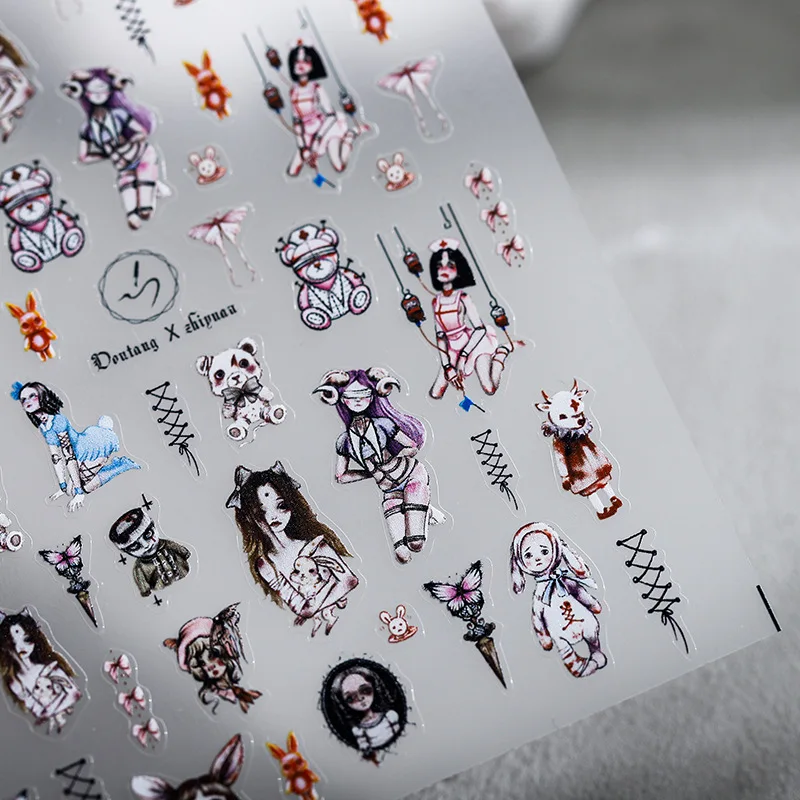 Horror Dark Sick Doll Design Nail Art Decorations Stickers Cartoon Lovely 3D Self Adhesive Nail Decals Wholesale Dropshipping