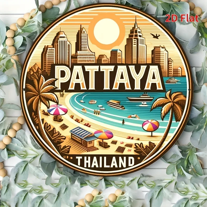 [2D Flat] 1pc Pattaya Thailand Retro Round Metal Sign - 8x8 